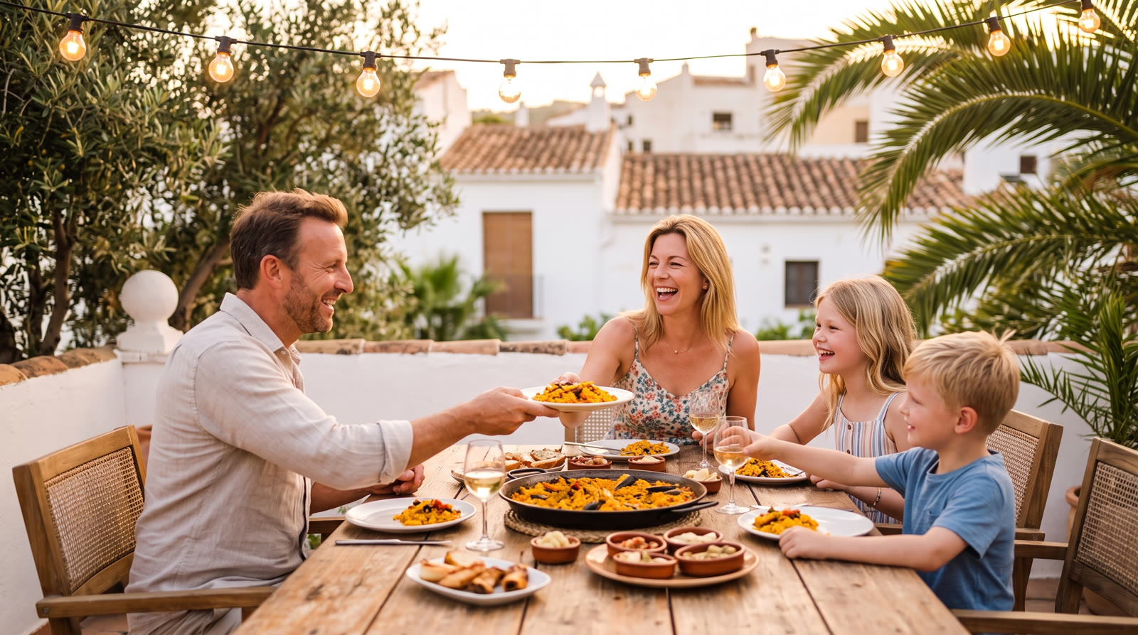 Gezin geniet samen van een diner op een Spaans terras bij zonsondergang