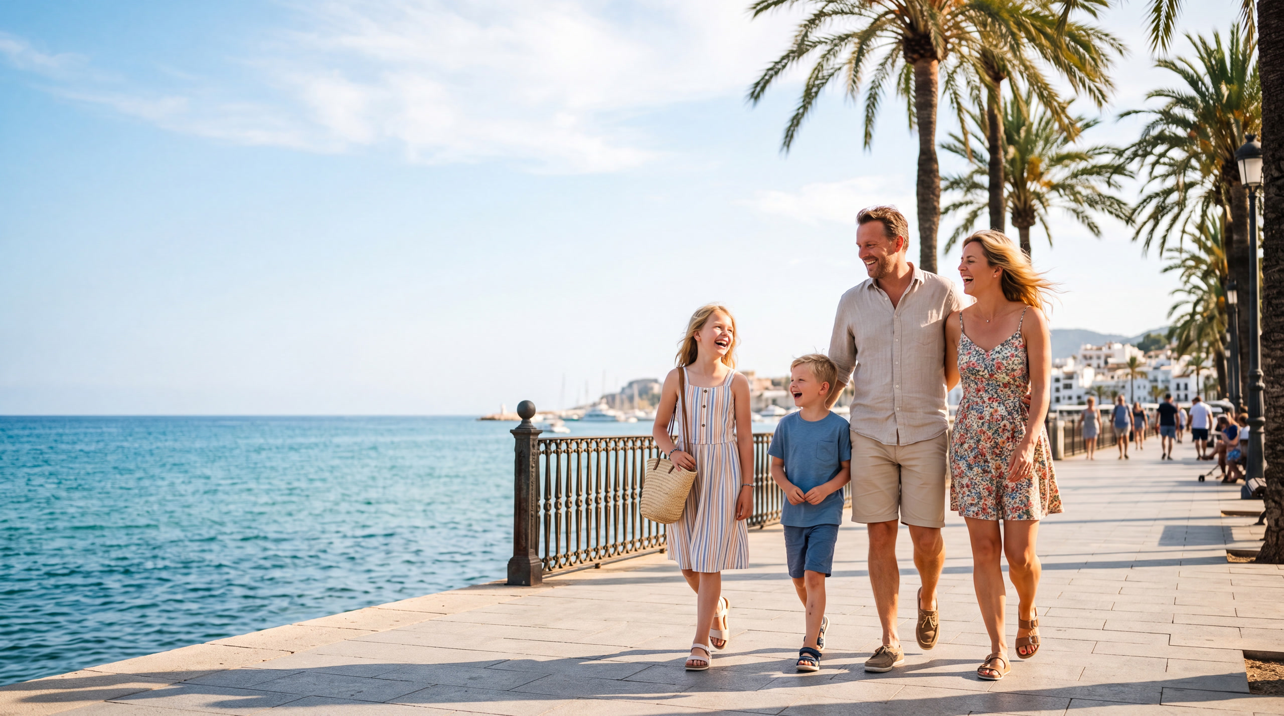 Nederlands gezin met twee kinderen wandelt over een Spaanse boulevard aan zee