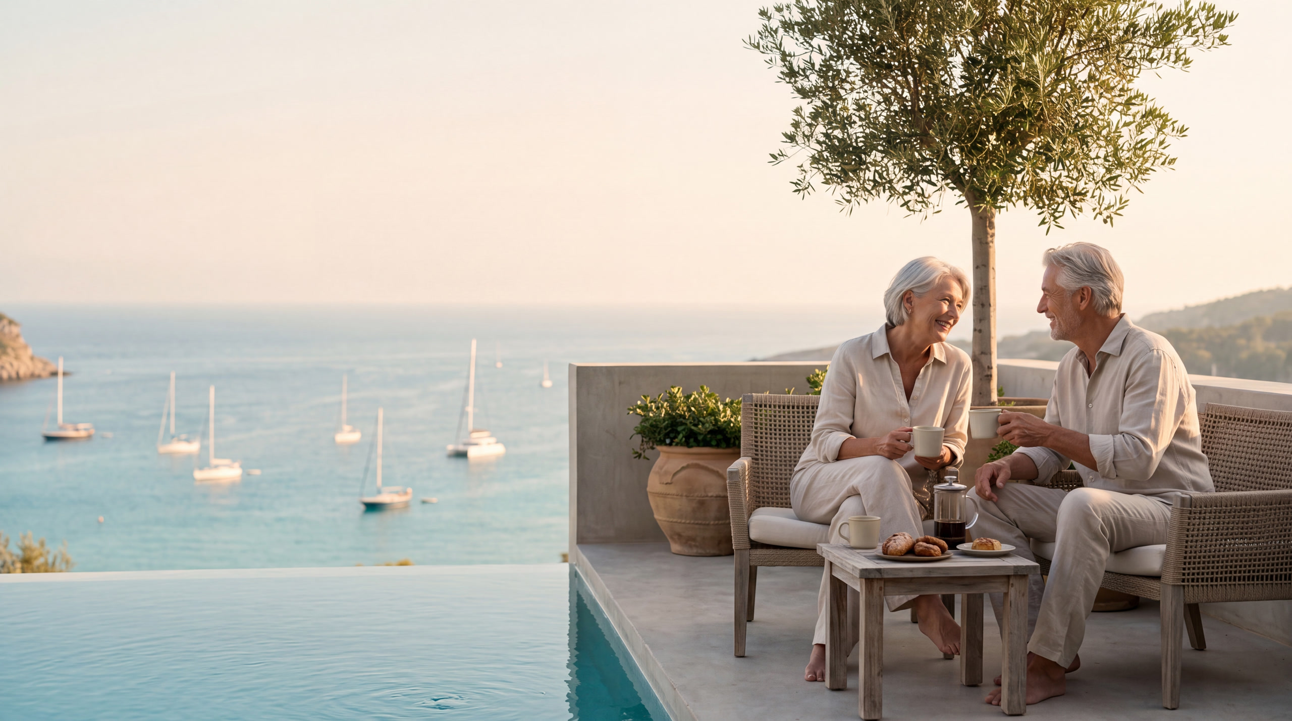 Nederlands gepensioneerd stel drinkt koffie op een terras met uitzicht over een Spaanse baai