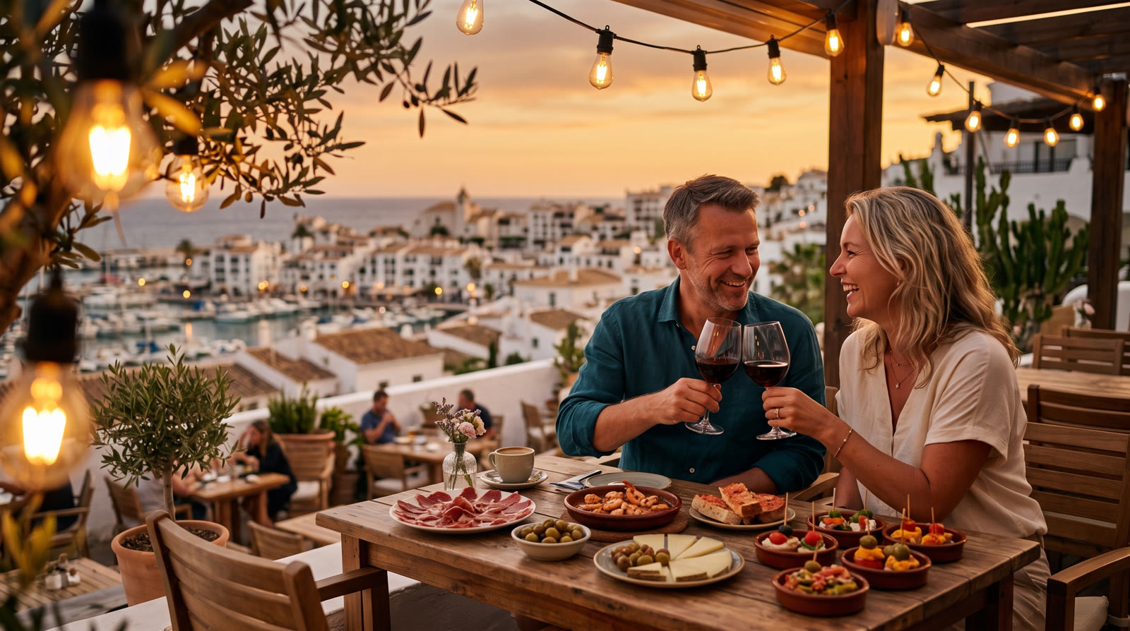 ZZP-stel proost met wijn op een Spaans terras bij zonsondergang